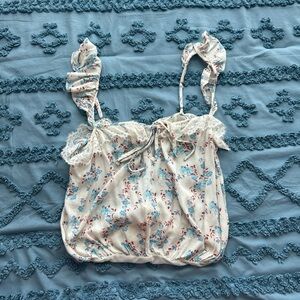 Free People Floral Lace-Trim Smocked Cami Tank Top - Cream with Blue Floral